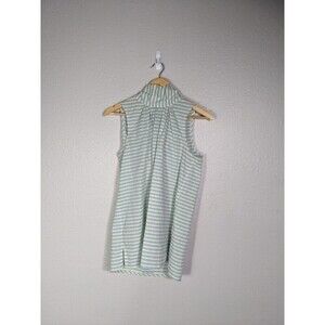 ANN MASHBURN High Collar Top Blouse Blue Yellow Striped Back Tie Shirt Sz M N77